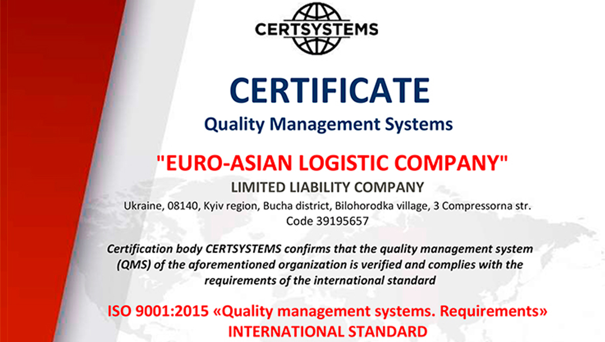 Certification of Euro-Asian Logistics Company LLC – ISO 9001